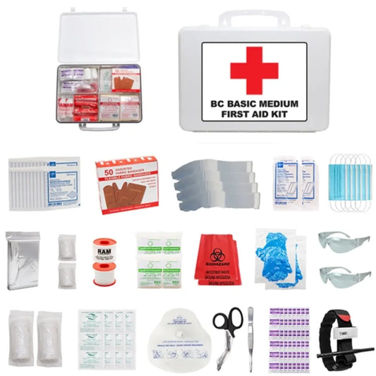 B.C. FSBCBM-36UP basic medium first aid kit components with 36-unit plastic case and medical supplies.