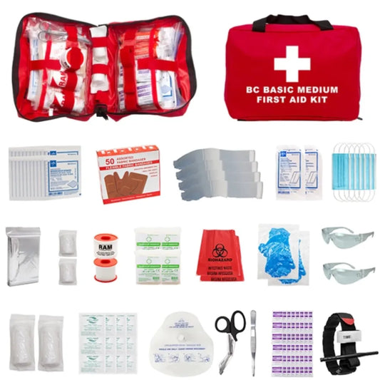 B.C. FSBCBM-FSB1 basic medium first aid kit with red nylon bag and medical supplies.