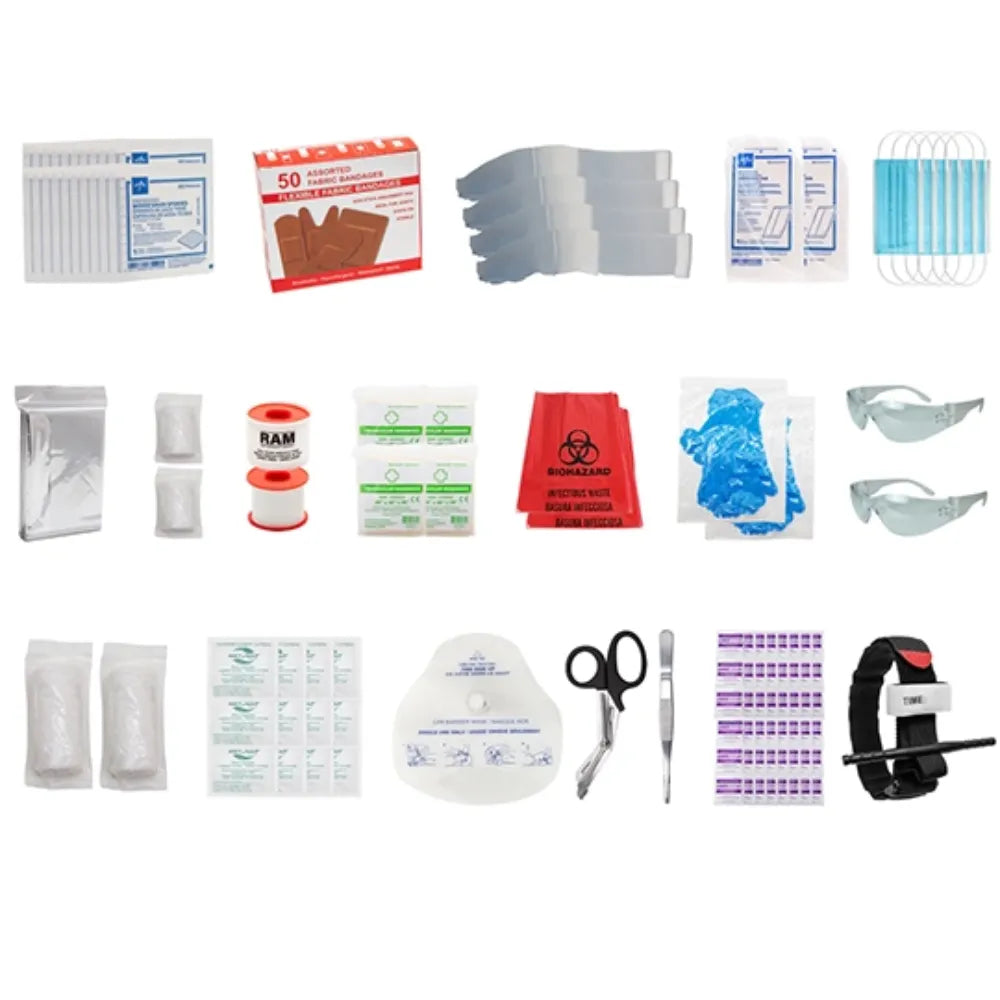 B.C. FSBCBM-R basic medium first aid refill kit components including bandages, scissors, and medical tape.