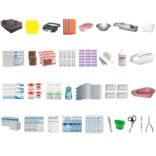 Comprehensive B.C. FSBCFR first aid room supplies including bandages, surgical tools, and medical basins.