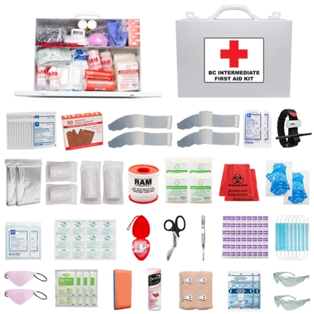 B.C. FSBCINT-7FXM intermediate first aid kit components with metal storage case and emergency medical supplies.