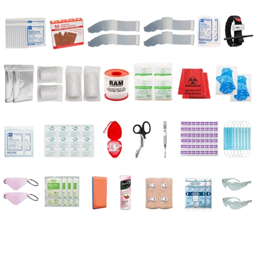 B.C. FSBCINT-R intermediate first aid refill kit components including bandages, shears, and emergency medical supplies.