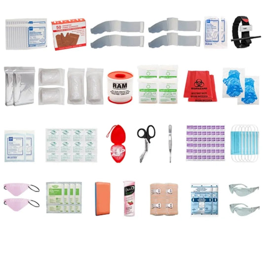 B.C. FSBCINT-R intermediate first aid refill kit components including bandages, shears, and emergency medical supplies.