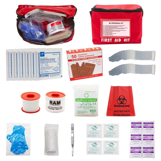 B.C. Personal First Aid Kit FSBCP-FSB6 components including bandages, gauze, and portable red bag.