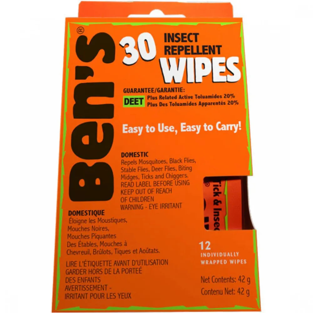 BEN'S 30 DEET Tick & Insect Repellent Wipes Box 12 Individually Wrapped