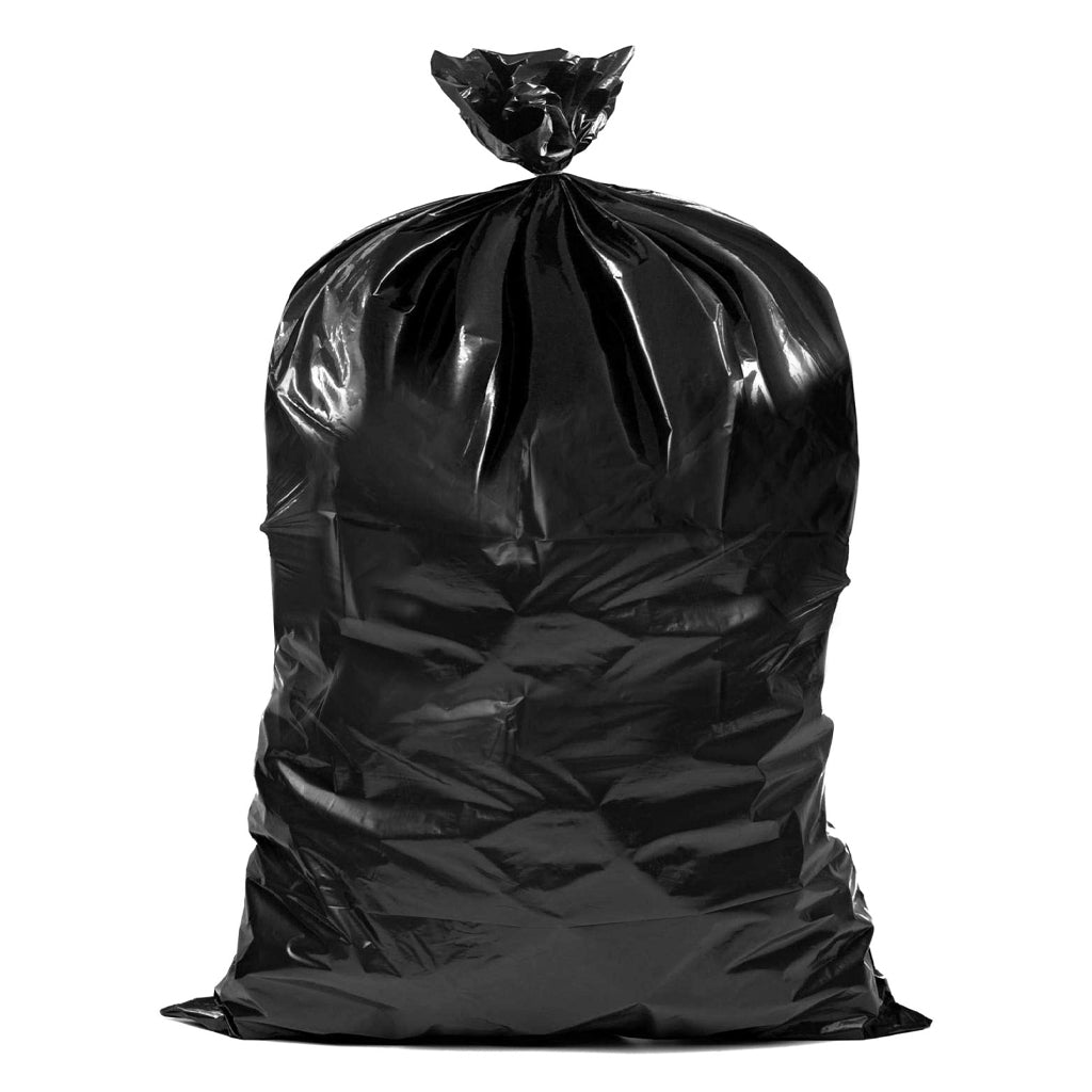 A large, heavy-duty black plastic contractor trash bag filled and tied at the top, isolated on a clean white background.