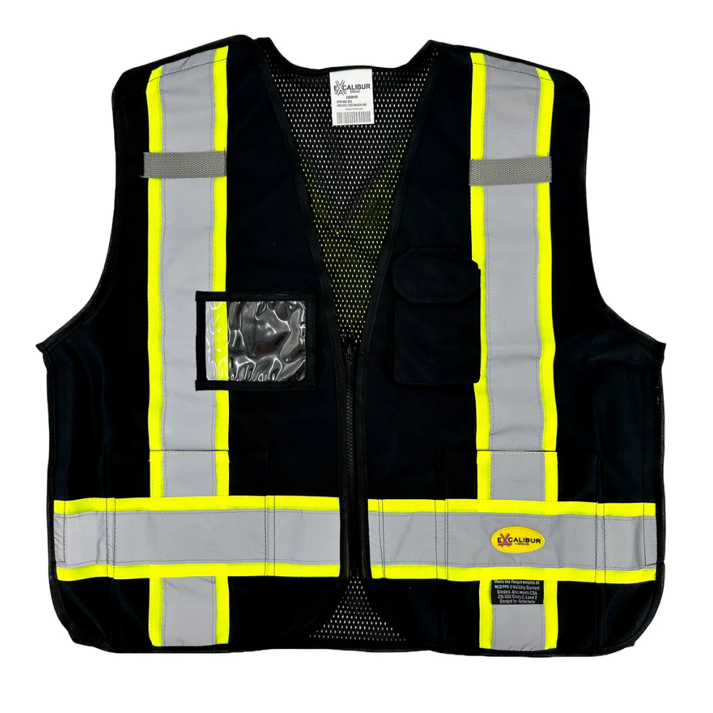 Black mesh safety vest front view with yellow grey reflective strips zipper and ID pocket