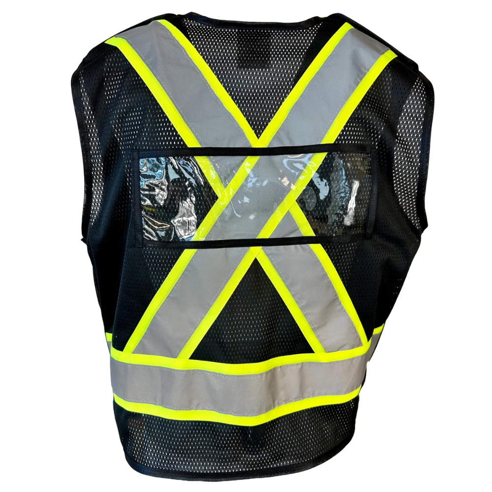 Black mesh traffic safety vest back view with yellow grey X-cross reflective tape and ID window