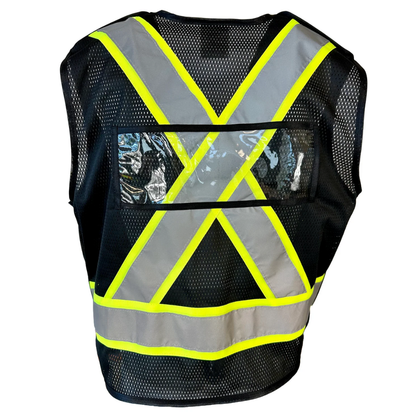 Black mesh traffic safety vest back view with yellow grey X-cross reflective tape and ID window