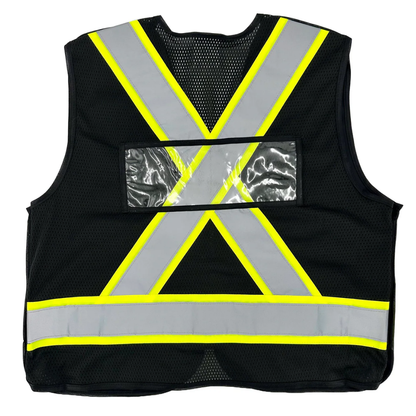  Black safety vest back view with yellow and grey X-pattern reflective tape and ID window
