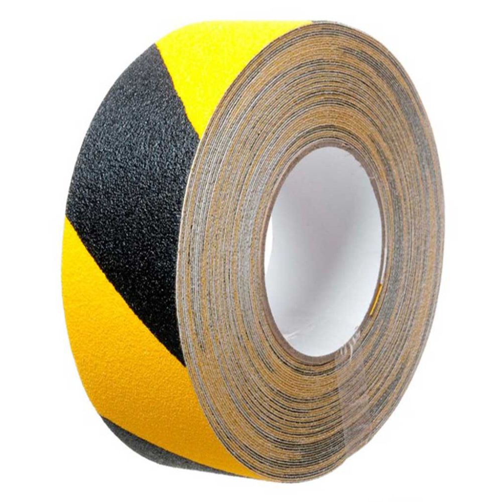 Black and yellow striped non-skid slip-resistant safety tread tape roll, 48mm x 18m, 32 mil