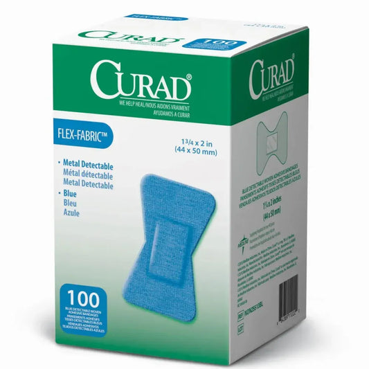 A box of 100 blue metal detectable fabric strip bandages featuring a highly visible design and metal foil for food industry safety.