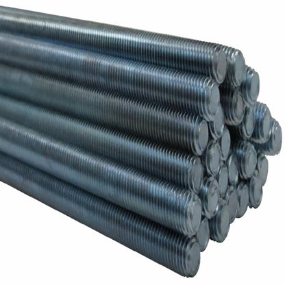 A stacked bundle of multiple galvanized steel threaded rods showing the cross-section of the circular ends and continuous threading