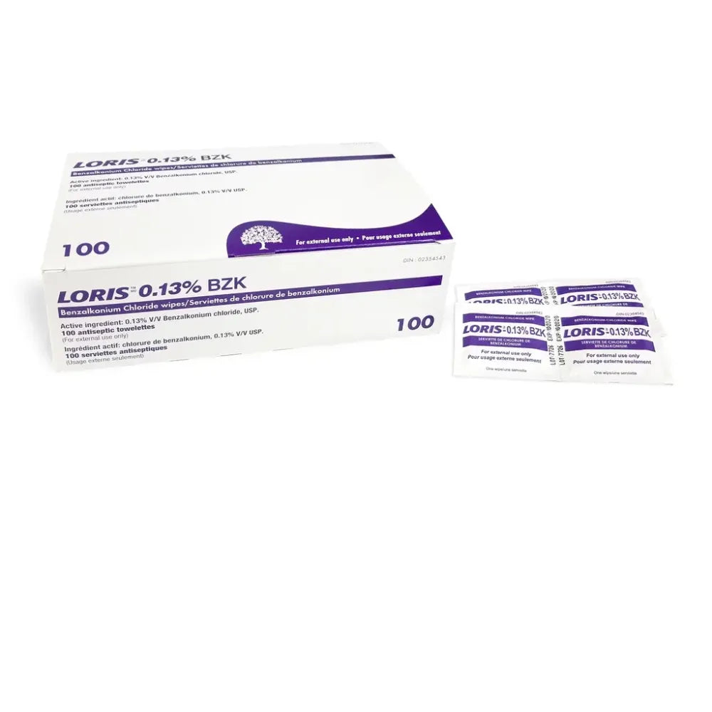Individual BZK Antiseptic Wipes in foil packets, used for sterile skin cleansing and preventing infection in minor cuts and abrasions.