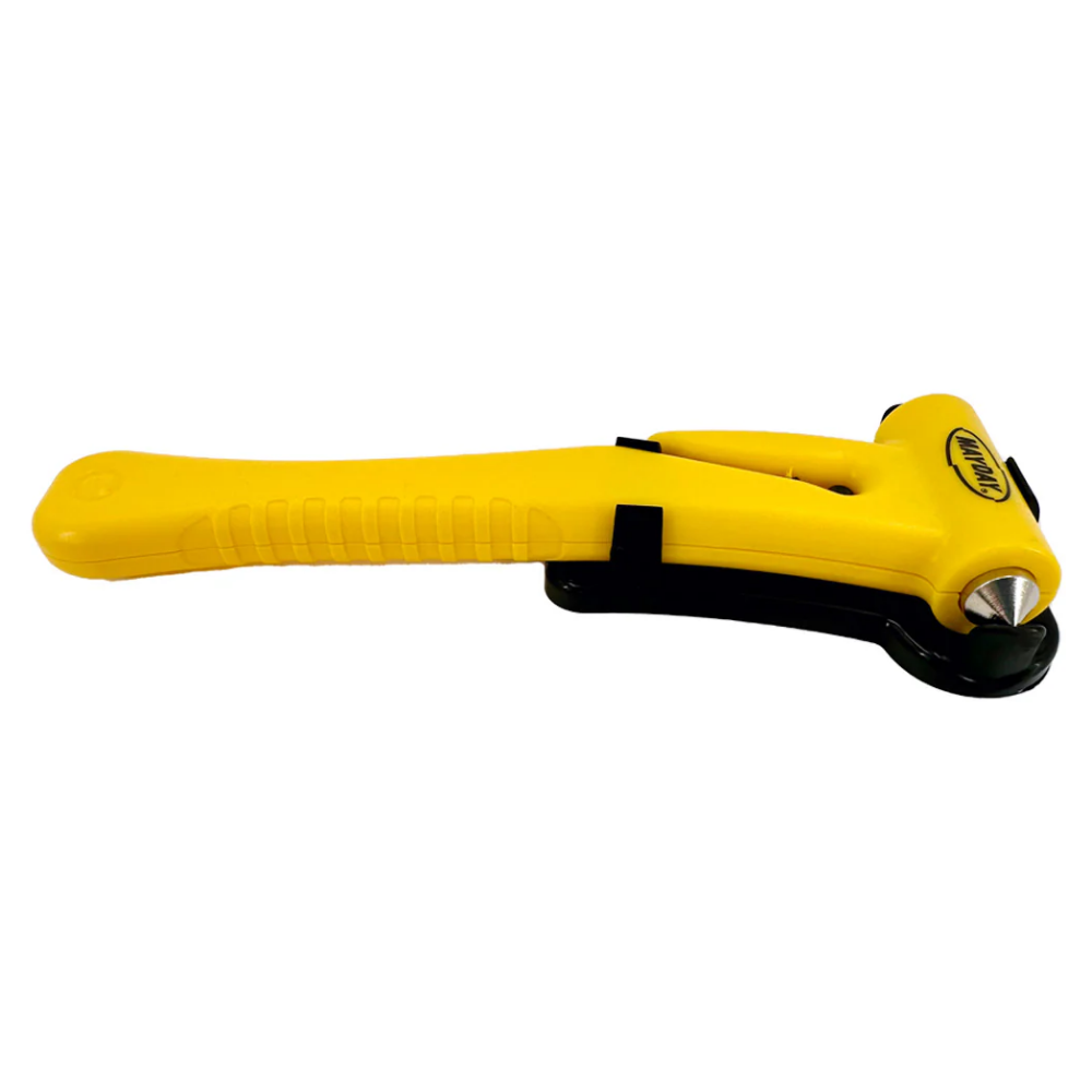 Side profile of the yellow emergency window breaker tool showing the pointed tip.
