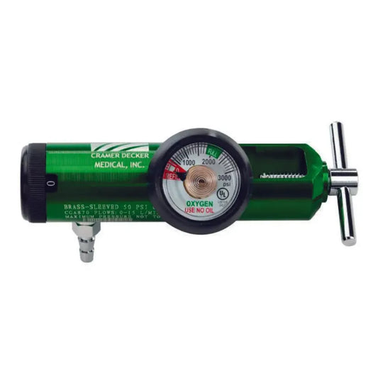 Green CGA 870 medical oxygen regulator with 0-15 LPM flow gauge and T-handle for aluminum oxygen cylinders.
