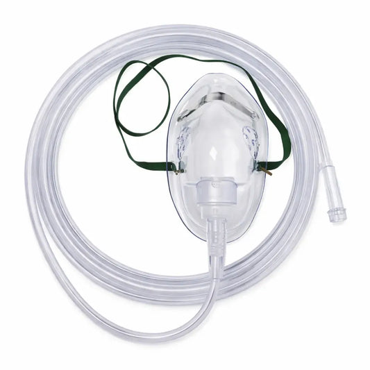 Pediatric medium concentration oxygen mask with a clear contoured face piece, green adjustable strap, and coiled supply tubing