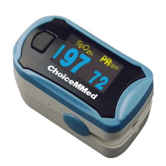 ChoiceMMed fingertip pulse oximeter displaying SpO2 and pulse rate readings on a digital screen.
