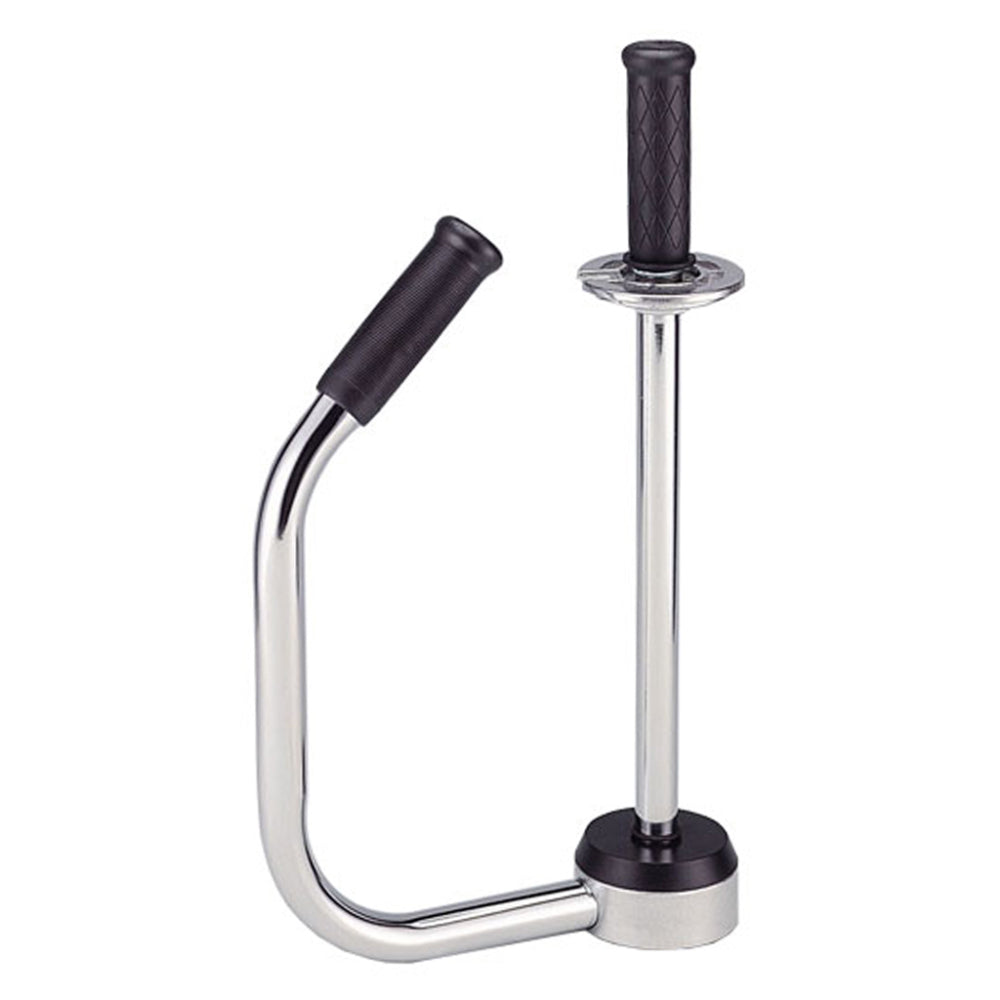 A heavy-duty chrome stretch film dispenser and handwrapper featuring a dual-handle ergonomic design with black rubber hand grips against a white background.