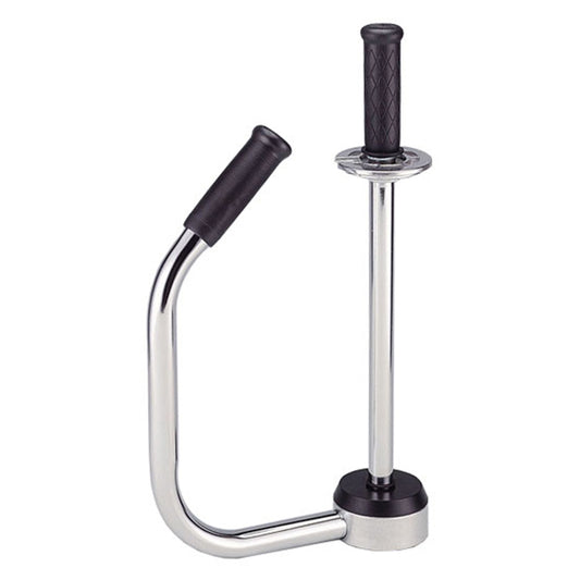 A heavy-duty chrome stretch film dispenser and handwrapper featuring a dual-handle ergonomic design with black rubber hand grips against a white background.