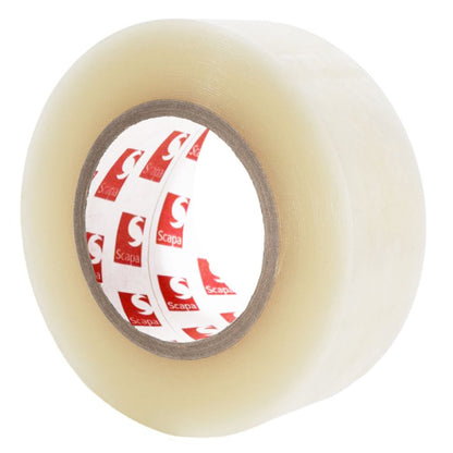 Side profile of a clear 136 polyethylene tape roll showing the 9MIL thick transparent film wound on a standard industrial core.