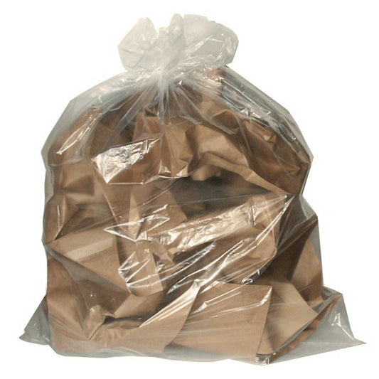 A large clear transparent extra strong duty garbage bag tied at the top and filled with crumpled brown kraft packaging paper waste isolated on a white background