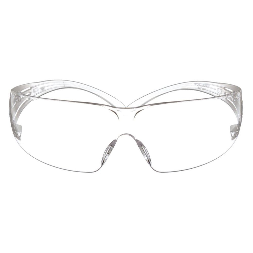 Front view of 3M clear protective safety glasses featuring an impact-resistant polycarbonate lens and molded nose bridge for PPE compliance.