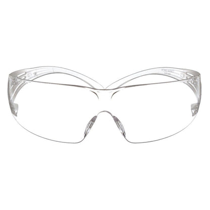 Front view of 3M clear protective safety glasses featuring an impact-resistant polycarbonate lens and molded nose bridge for PPE compliance.