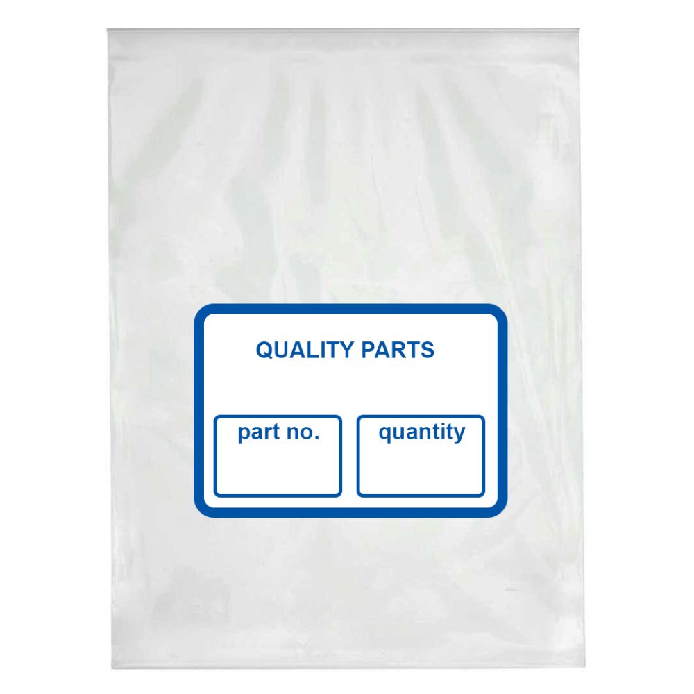 A single clear 4x6 inch 2 mil polyethylene parts bag featuring a pre-printed white and blue write-on block labeled Quality Parts, part no., and quantity