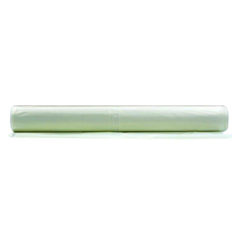 A single roll of clear, medium-duty plastic poly sheeting, measuring 20 feet by 100 feet and 1.4 mil thick, displayed horizontally on a white background.