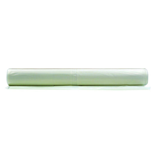 A single roll of clear, medium-duty plastic poly sheeting, measuring 20 feet by 100 feet and 1.4 mil thick, displayed horizontally on a white background.