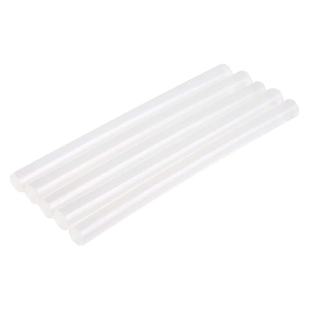 Clear thermocol-compatible hot melt glue sticks part GS50102, measuring 1/2-inch diameter by 12-inch length, arranged in a row.