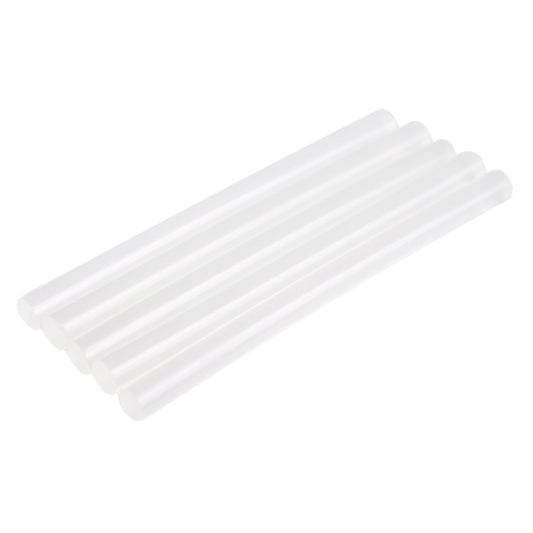 Clear thermocol-compatible hot melt glue sticks part GS50102, measuring 1/2-inch diameter by 12-inch length, arranged in a row.