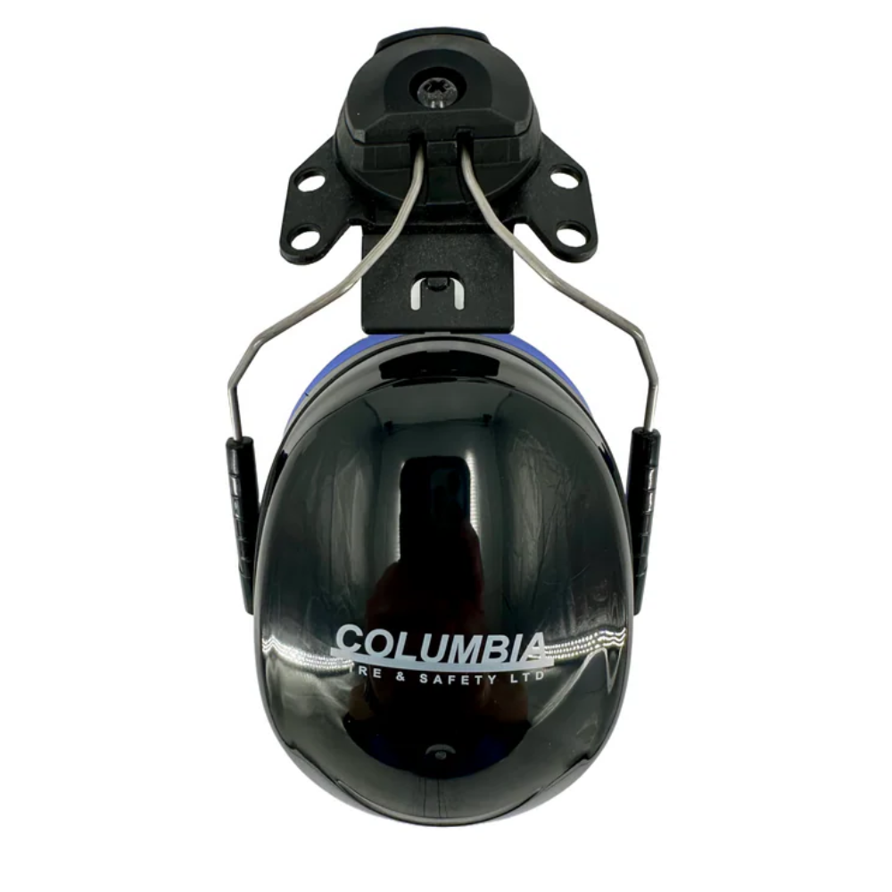Columbia Fire & Safety cap mount ear muffs with yellow hard hat attachments and cushioned ear cups.