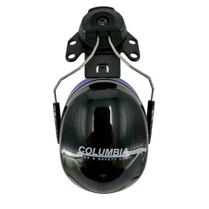 Columbia Fire & Safety cap mount ear muffs with yellow hard hat attachments and cushioned ear cups.