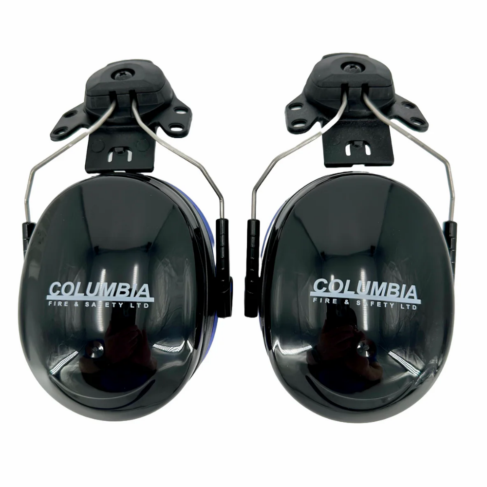 Front view of a pair of black Columbia Fire & Safety cap mount ear muffs with multi-hole hard hat adapters.