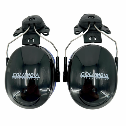 Front view of a pair of black Columbia Fire & Safety cap mount ear muffs with multi-hole hard hat adapters.