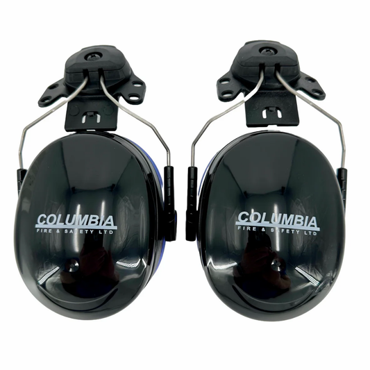 Front view of a pair of black Columbia Fire & Safety cap mount ear muffs with multi-hole hard hat adapters.