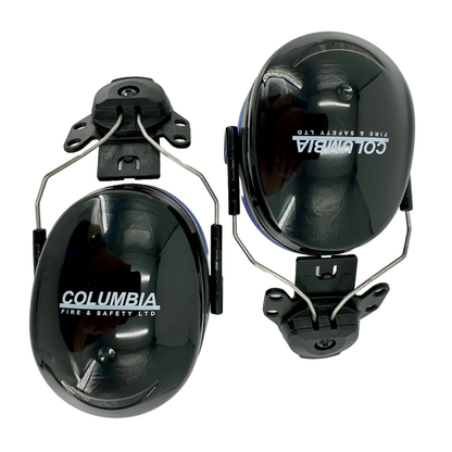 Side profile view of a Columbia Fire & Safety cap mount earmuff showing the helmet adapter mechanism and sleek outer shell design.