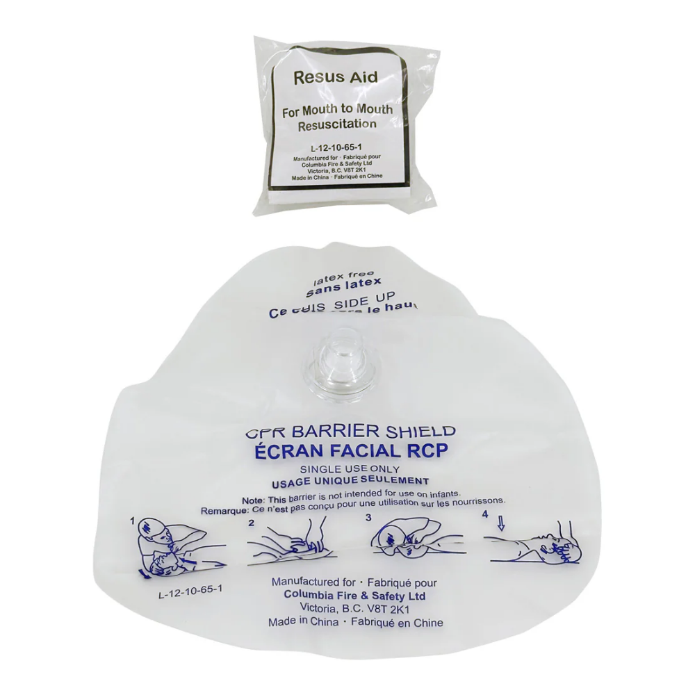 The Columbia L-12-10-65-1 CPR barrier shield shown with its compact "Resus Aid" protective pouch, ideal for inclusion in professional first aid kits.