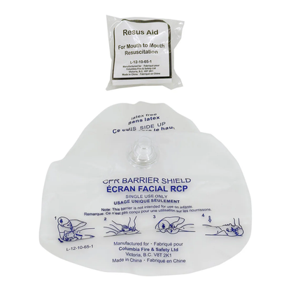 The Columbia L-12-10-65-1 CPR barrier shield shown with its compact "Resus Aid" protective pouch, ideal for inclusion in professional first aid kits.