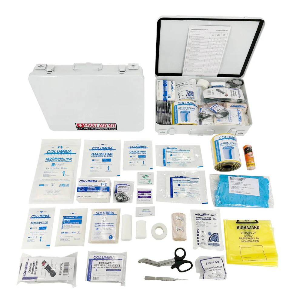 The Columbia CSA Type 3 Intermediate Small first aid kit housed in a durable white metal cabinet with standard wall-mounting brackets.