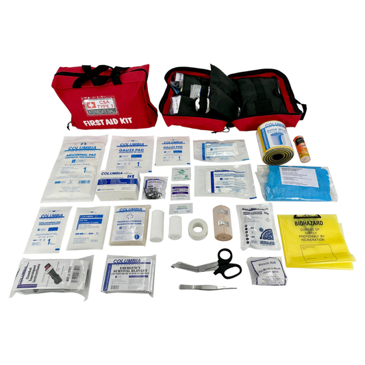 Portable red nylon soft case version of the Columbia CSA Type 3 Intermediate Small first aid kit with high-visibility reflective striping.