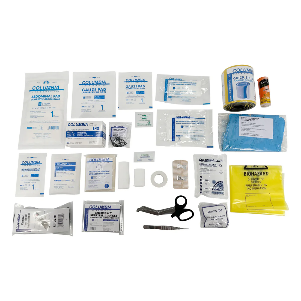 Complete component breakdown of the Columbia CSA Type 3 Intermediate Small first aid kit, featuring tourniquet, splint, bandages, and trauma shears.