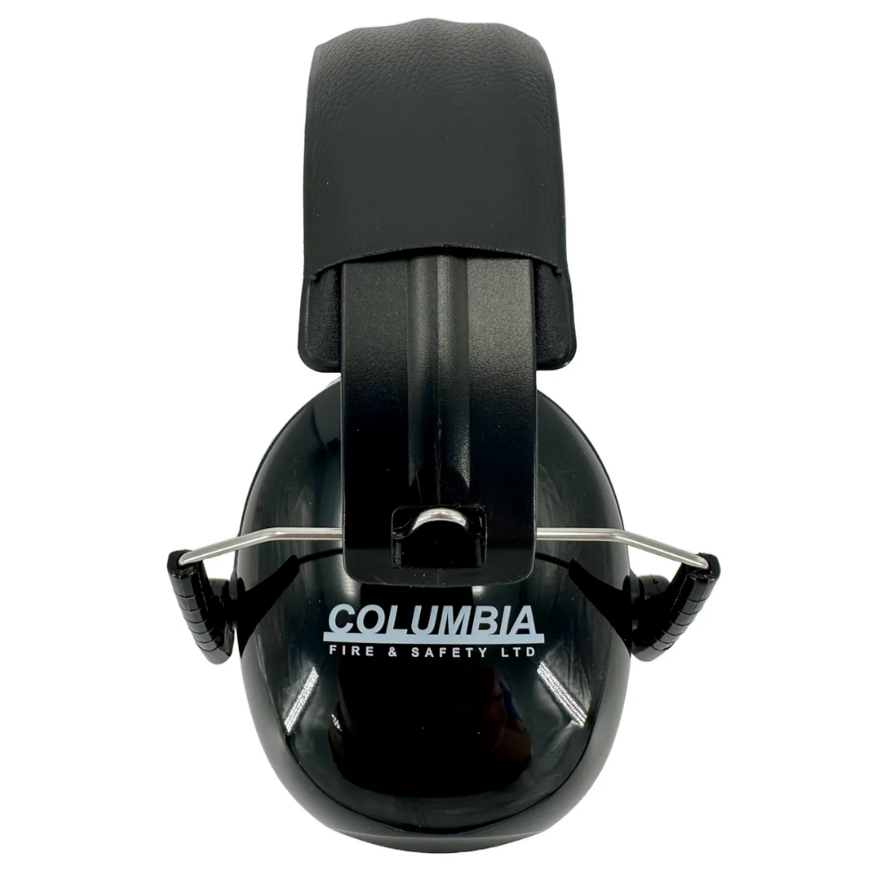 Side profile view of a black Columbia Fire & Safety earmuff shell featuring the official printed brand logo.