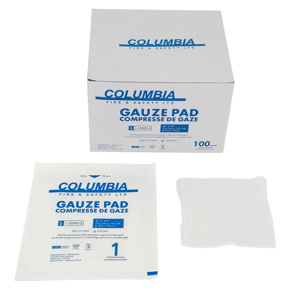 Columbia Fire & Safety 3x3 inch sterile gauze pads, 8-ply cotton sponges in a 100-pack box.