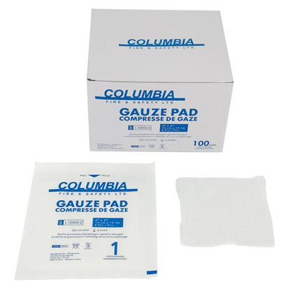 Columbia Fire & Safety 3x3 inch sterile gauze pads, 8-ply cotton sponges in a 100-pack box.