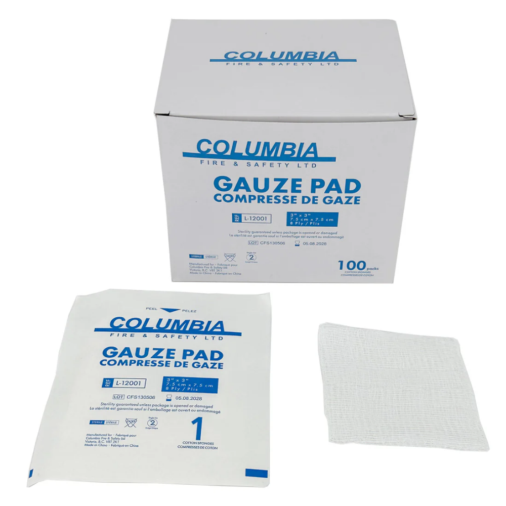 Columbia 4x4 inch sterile gauze pads 100-count box with individual 8-ply cotton sponge packet.