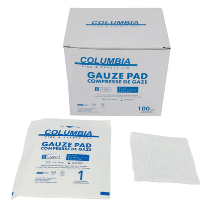 Columbia 4x4 inch sterile gauze pads 100-count box with individual 8-ply cotton sponge packet.