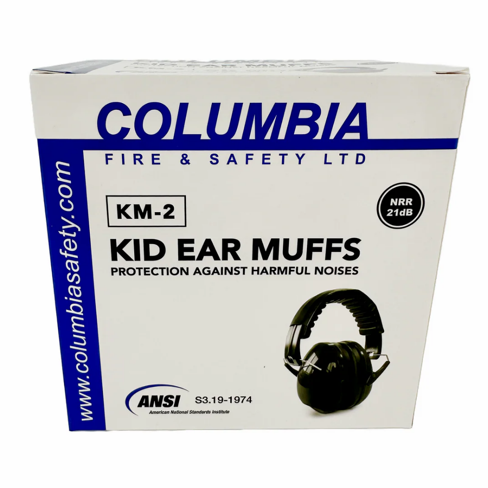 Columbia Fire & Safety protective ear muffs shown next to their retail product box packaging